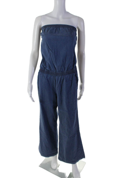 Joie Womens Elastic Waist Flare Leg Square Neck Jumpsuit Blue Size Small