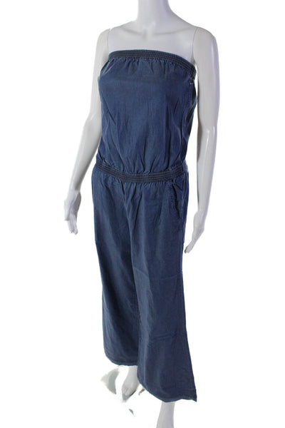 Joie Womens Elastic Waist Flare Leg Square Neck Jumpsuit Blue Size Small