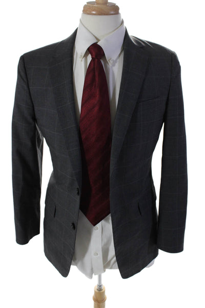 Theory Mens Wool Grid Print Notch Collar Button Up Suit Jacket Gray Size 38R