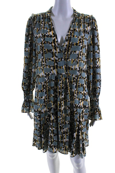 Reiss Womens Floral Print V-Neck Long Sleeve Pullover Dress Blue Size 6