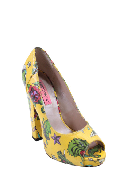 Betsey Johnson Womens Coated Platform Peep Toe Tattoo Heels Yellow Size 7