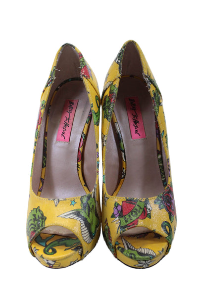 Betsey Johnson Womens Coated Platform Peep Toe Tattoo Heels Yellow Size 7