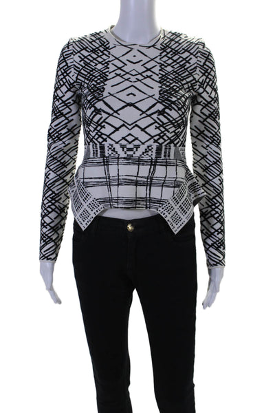 BCBGMAXAZRIA Womens Long Sleeve Striped Peplum Blouse White Black Size XXS