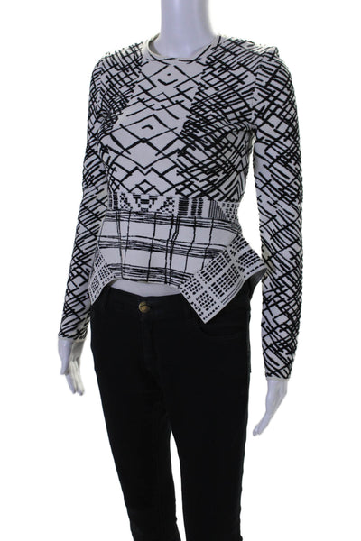 BCBGMAXAZRIA Womens Long Sleeve Striped Peplum Blouse White Black Size XXS