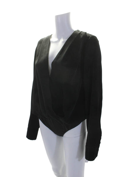 L'Academie Womens V-Neck Long Sleeve Snap Close Bodysuit Blouse Top Black Size L