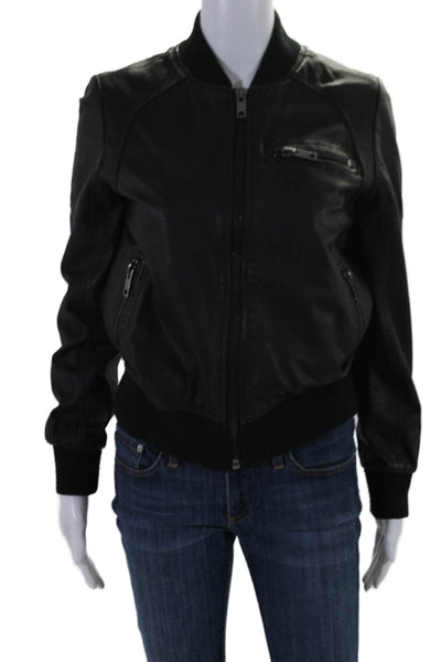 John + Jenn Womens Lambskin Round Neck Long Sleeve Zip Up Jacket Black Size XS