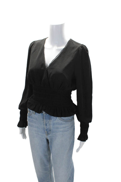 Wayf Womens Long Sleeve V Neck Smocked Ruffle Trim Blouse Black Size S