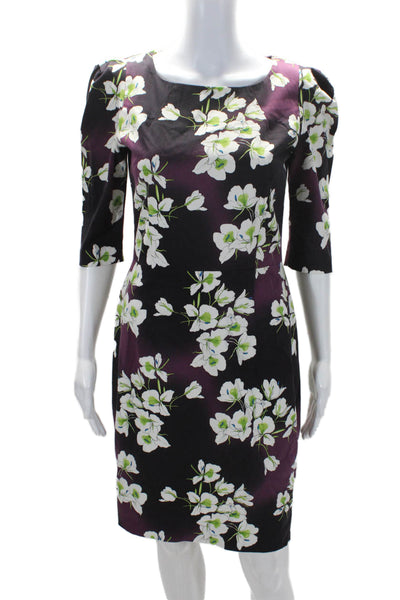 Samantha Sung Womens Cotton Short Sleeve Floral Print Sheath Dress Purple Size 6