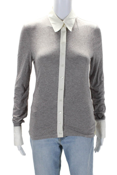 Anne Fontaine Womens Pullover Long Sleeve Collared Blouse Gray 38 Tall