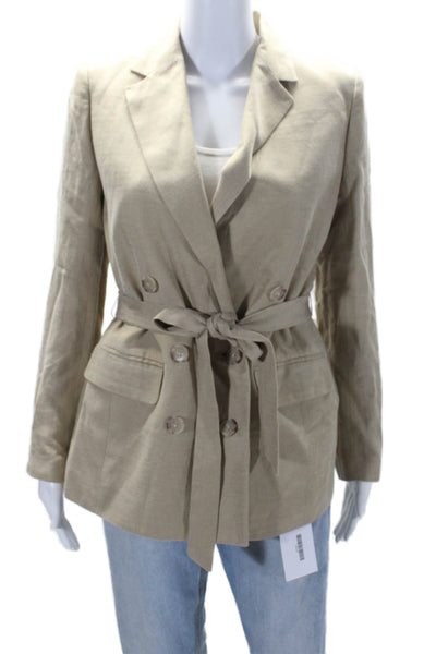 J Crew Womens Linen Double Breasted Button Down Belted Jacket Beige Size 2