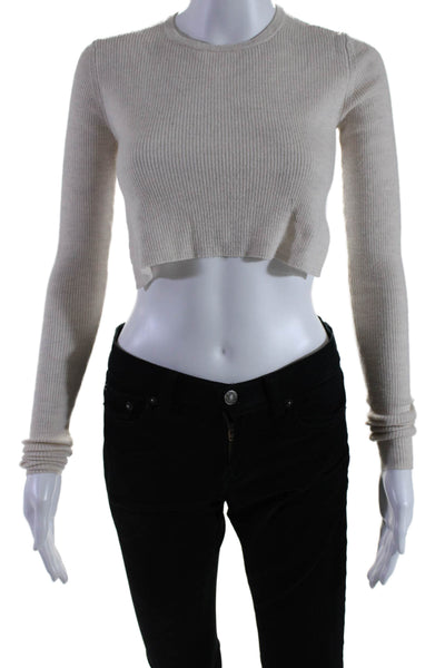 Tibi Womens Long Sleeve Crew Neck Tight Knit Crop Top Beige Size XS