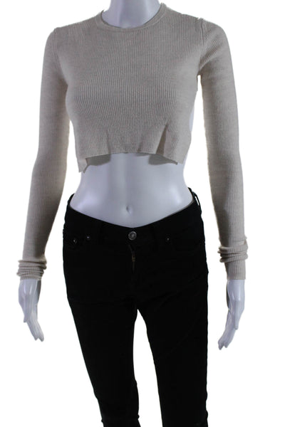 Tibi Womens Long Sleeve Crew Neck Tight Knit Crop Top Beige Size XS