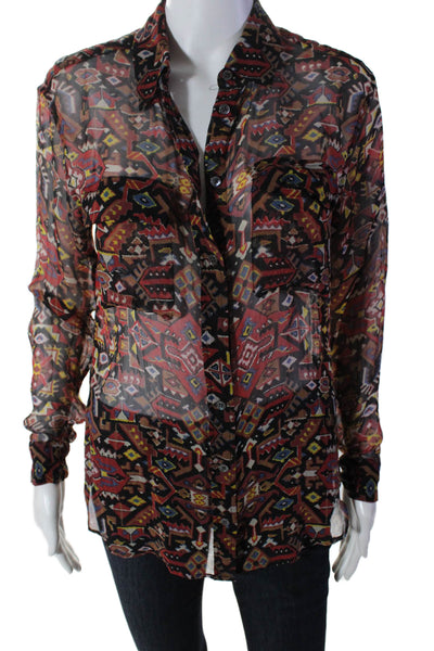 Equipment Femme Womens Silk Geometric Print Sheer Buttoned Blouse Red Size S