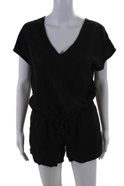 J Crew Womens Drawstring Waist V-Neck Short Sleeve Romper Black Size XS