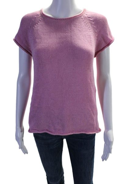 Tahari Womens Cotton Short Sleeve Round Neck Knit Blouse Pink Size L