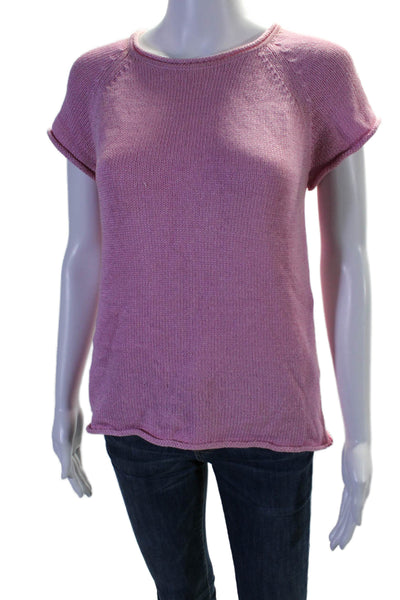 Tahari Womens Cotton Short Sleeve Round Neck Knit Blouse Pink Size L