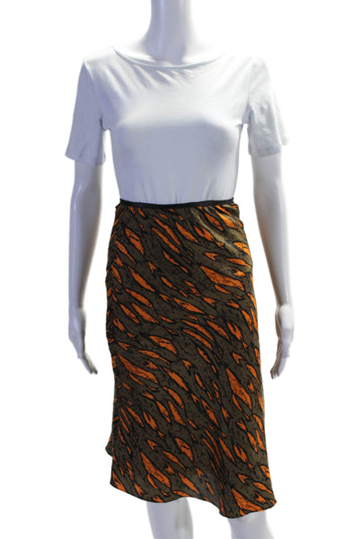 Angela Amiri Womens Silk Striped Print Midi Bias Slip Skirt Brown Orange Size S