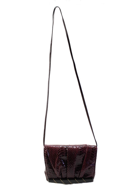 Aspects Womens Maroon Snakeskin Flap Pleated Crossbody Clutch Bag Handbag