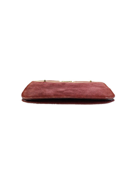 Designer Womens Dark Red Suede Gold Tone Closure Clutch Bag Handbag