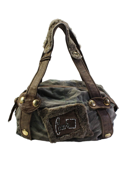 Gustto Womens Double Handle Shearling Patch Camouflage Shoulder Handbag Brown