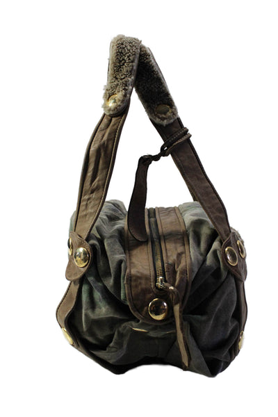 Gustto Womens Double Handle Shearling Patch Camouflage Shoulder Handbag Brown