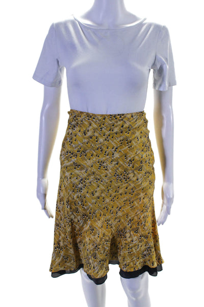 Angela Amiri Womens Silk Abstract Print Flounce Hem Slip Skirt Yellow Size S