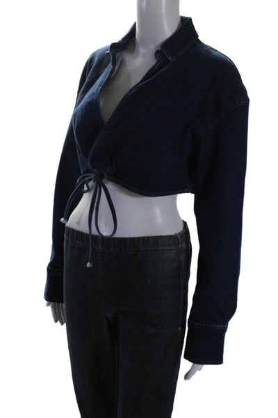 Le Jean Womens Blue Dark Wash Tie Front Long Sleeve Crop Denim Jacket Size XS