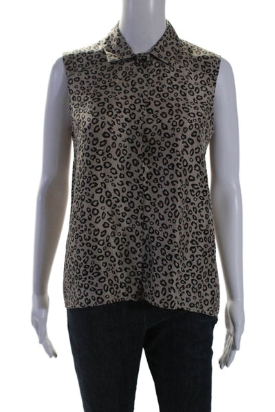 Theory Womens Satin Texture Sleeveless Collar Animal Print Blouse Brown Size S