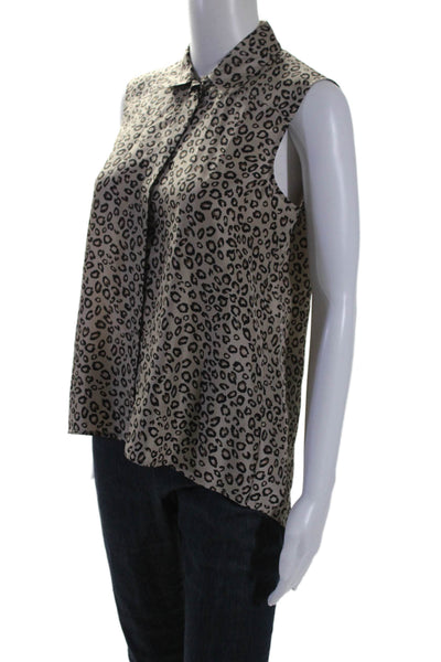 Theory Womens Satin Texture Sleeveless Collar Animal Print Blouse Brown Size S