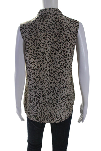 Theory Womens Satin Texture Sleeveless Collar Animal Print Blouse Brown Size S