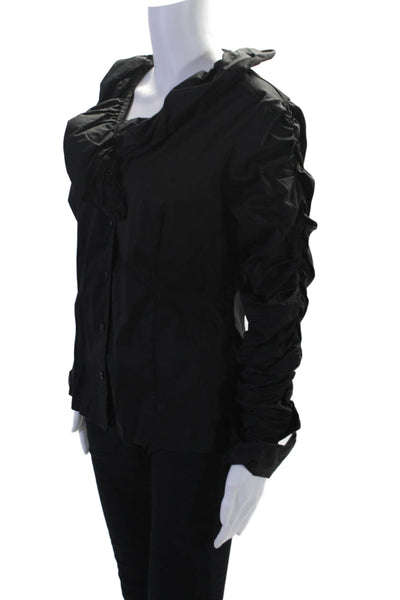 Samuel Dong Womens Button Front Long Sleeve V Neck Shirt Black Size Large