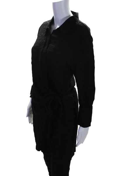 L Space Womens Long Sleeve Collared Waist tie Blouse Black Size Large