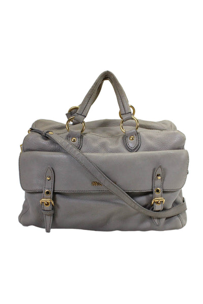 Miu Miu Womens Leather 2-Way Strapped Buckled Zip Satchel Shoulder Handbag Gray