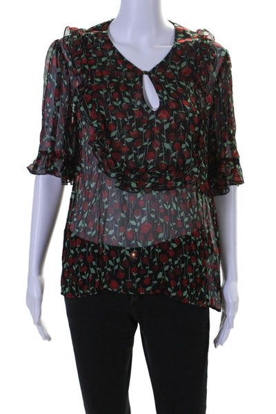 The Kooples Women's V-Neck Short Sleeves Sheer Floral Blouse Black Size 1