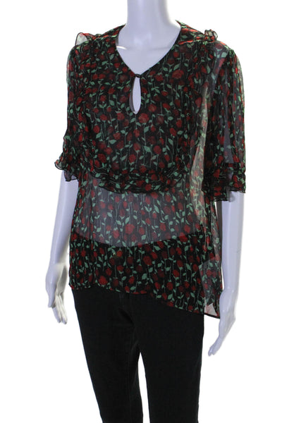 The Kooples Women's V-Neck Short Sleeves Sheer Floral Blouse Black Size 1