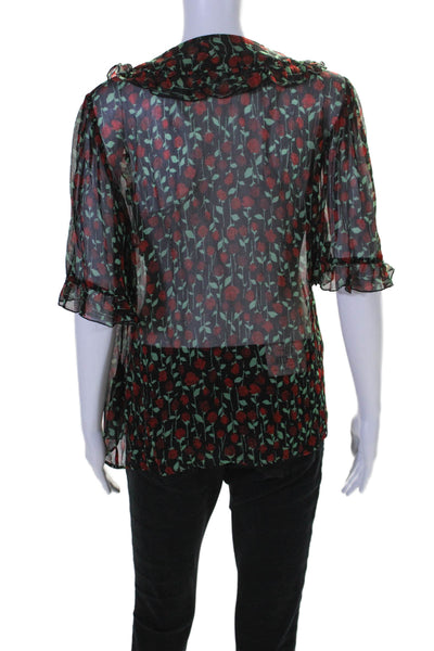 The Kooples Women's V-Neck Short Sleeves Sheer Floral Blouse Black Size 1