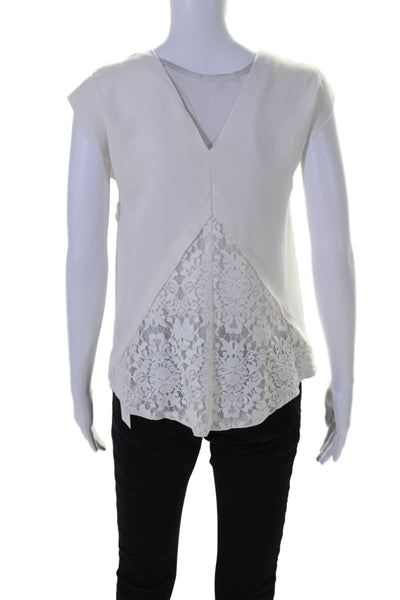 Rebecca Taylor Women's V-Neck Short Sleeves Lace Trim Blouse Cream Size 0