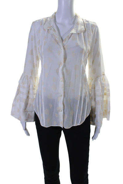 Jennifer Miller Womens Silk Button Down Long Sleeves Blouse White Beige Size Med