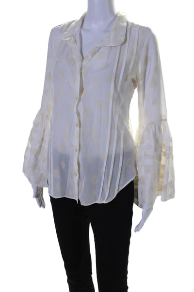 Jennifer Miller Womens Silk Button Down Long Sleeves Blouse White Beige Size Med