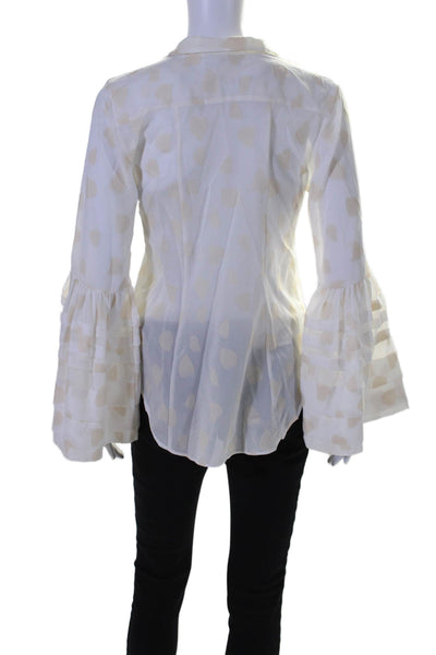 Jennifer Miller Womens Silk Button Down Long Sleeves Blouse White Beige Size Med