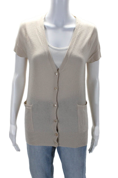 J Crew Womens Button Front Short Sleeve Cashmere Cardigan Sweater Beige Medium