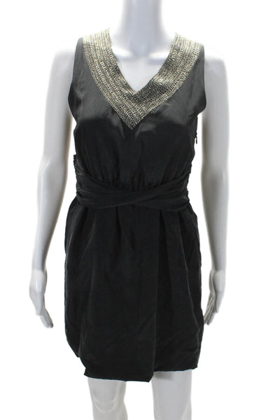 Theory Womens Side Zip Sleeveless Sequin V Neck Silk Shift Dress Gray Size 0