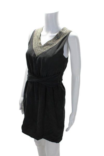 Theory Womens Side Zip Sleeveless Sequin V Neck Silk Shift Dress Gray Size 0