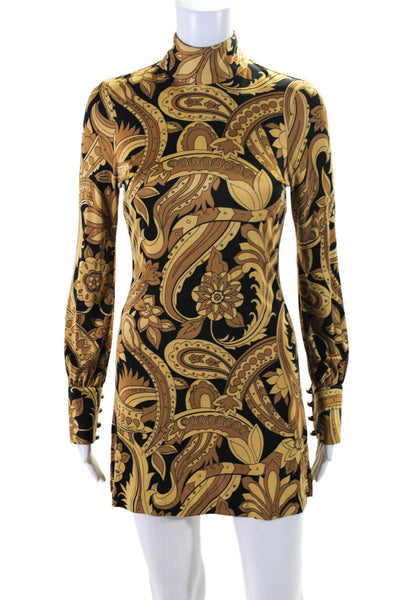 Nieves Lavi Womens Silk Brown Paisley Mock Neck Long Sleeve Mini Dress Size 0