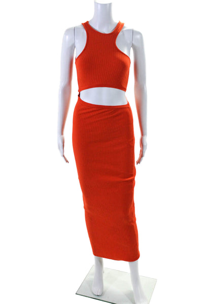 Zara Women's High Neck Sleeveless Cut-Outs Ribbed Midi Dress Orange Size S