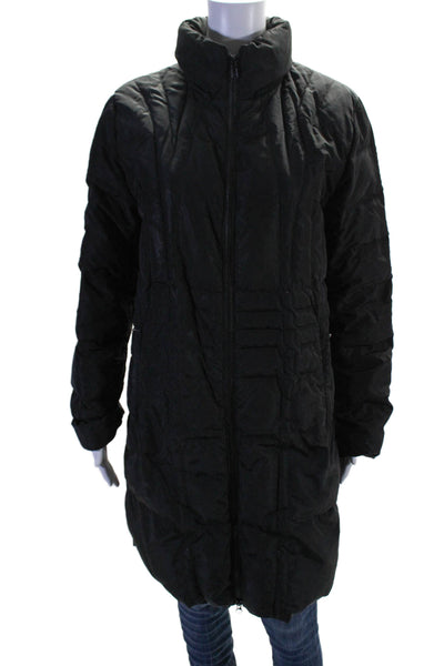 Moncler Womens Quilted Texture Long Zip Collared Hood Puffer Jacket Black Size 2