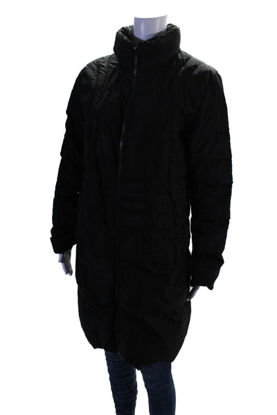 Moncler Womens Quilted Texture Long Zip Collared Hood Puffer Jacket Black Size 2