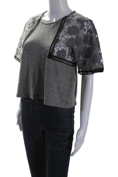 Giamba Womens Wool Embroidered Floral Textured Short Sleeve Blouse Gray Size XS