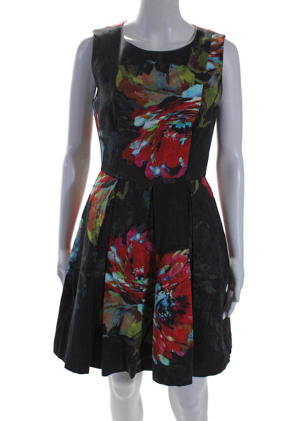 Trina Turk Womens Floral Print Pleated Zipped Fit & Flare Dress Brown Size 2