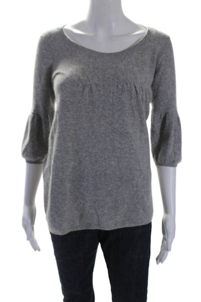 Vince Womens Round Neck Cashmere Half Sleeve Rib Pullover Sweater Gray Size S